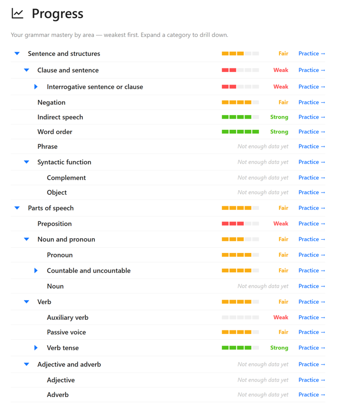 The Progress section of a profile: grammar areas such as Sentence and structures, Parts of speech and Verb, each with a five-block mastery indicator and a Strong, Fair or Weak label, and a Practice link